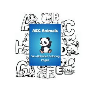 Pode incluir: Livro para colorir preto e branco com letras do alfabeto e animais. A capa apresenta um urso panda e o texto "ABC Animals Fun Alphabet Coloring Pages".