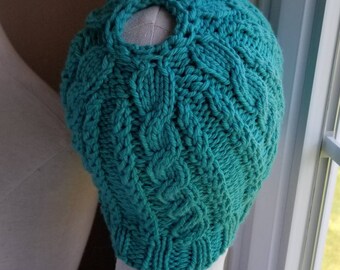 MORE COLORS - Silver Gray Cable Knit Bun Hat - Pony Tail Hat - Jade, Red, Steel, Purple - FINAL Sale
