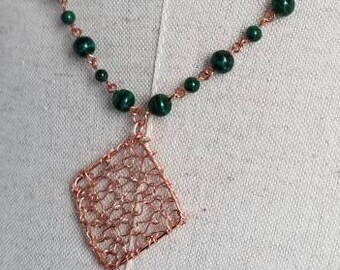 Malachite and Knit Copper Pendant Necklace