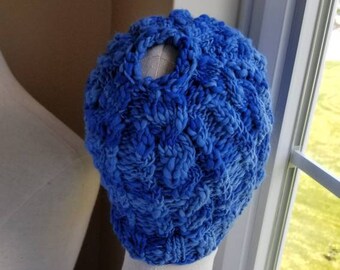 Electric Blue Cable Knit Bun Hat - Pony Tail Hat - FINAL SALE