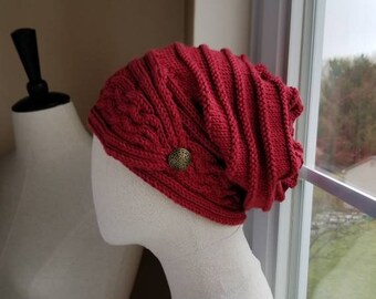 Garnet Red - Wool and Silk - Cable Brim Slouch Hat with Button