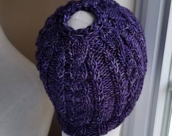 MORE COLORS -Cable Knit Bun Hat - Pony Tail Hat -Wool -Purple, Green, Blue, Multi, Teal, Red, Rainbow, Pastel, Fire Orange, Brown-FINAL Sale