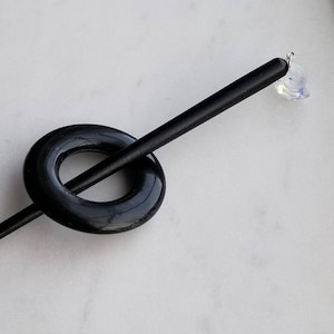 Shawl pin - Black Lacquer Stick, Black Horn Donut Ring, Swarovski Sea Snail Crystal AB