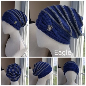May include: Three blue and gray knit hats with a decorative silver embellishment. The hats are displayed on mannequins with the word "Eagle" printed below one of the hats.