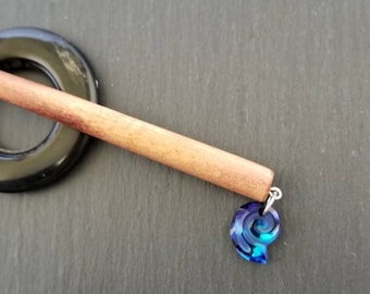 Shawl pin - Brown Stick, Black Horn Donut Ring, Swarovski Snail Crystal in Bermuda Blue