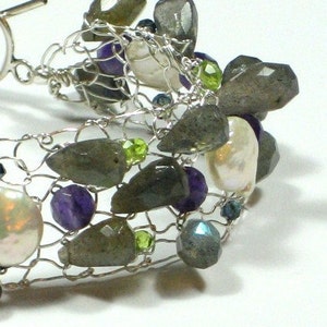 OOAK Knit Sterling Silver Bracelet with Labradorite, Pearls, Peridot & Amethyst, Knit Wire Jewelry