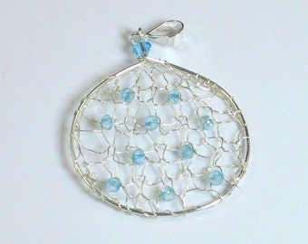 Knit Sterling Silver Pendant with Blue Topaz, Knit Wire Jewelry