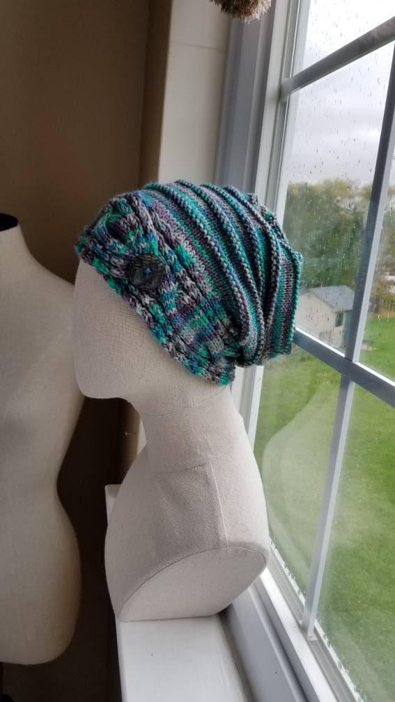 Button Tab Knit Cable Brim Slouch Hat Pattern - Knitting Pattern - Etsy