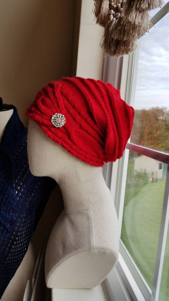 Button Tab Knit Cable Brim Slouch Hat Pattern - Knitting Pattern - Etsy