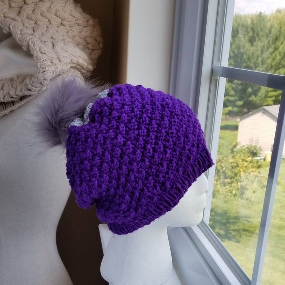 Cable Knit Crochet Beanie Hat Handcrafted With Faux Fur Pom Handmade Purple Blue Crochet Cable Knit Hat With Faux Fur Pom Pom - Etsy main image 3