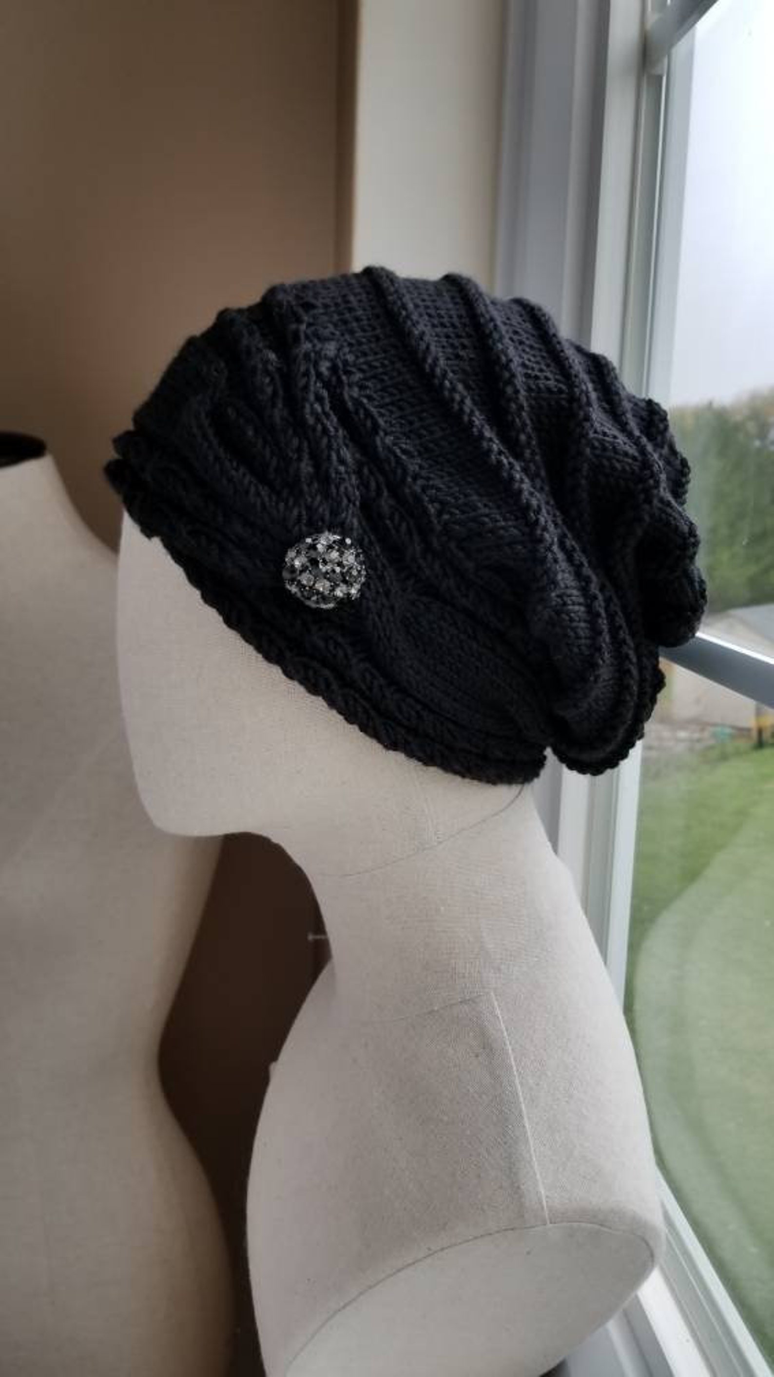 Button Tab Knit Cable Brim Slouch Hat Pattern - Knitting Pattern - Etsy