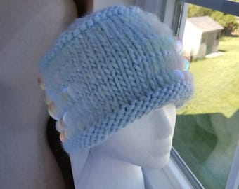 Sequined Beanie in Frost Blue Green Wool and Alpaca Yarn