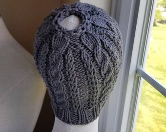 MORE COLORS - Cable Knit Bun Hat - Pony Tail Hat - Steel Gray, Red, Green, Silver - FINAL Sale