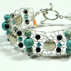 OOAK Turquoise Obscession Knit Sterling Silver Bracelet with Turquoise & Onyx, Knit Wire Jewelry