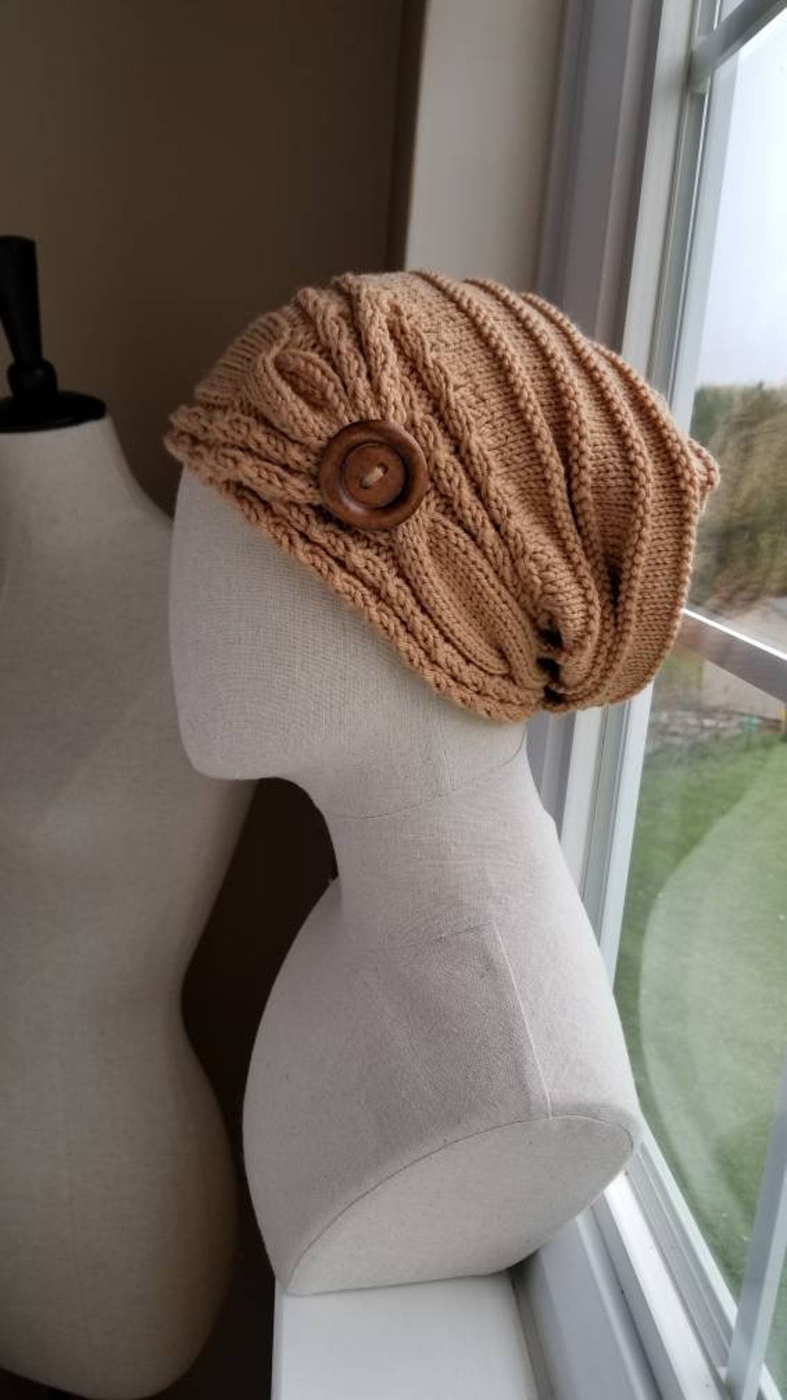 Button Tab Knit Cable Brim Slouch Hat Pattern - Knitting Pattern - Etsy