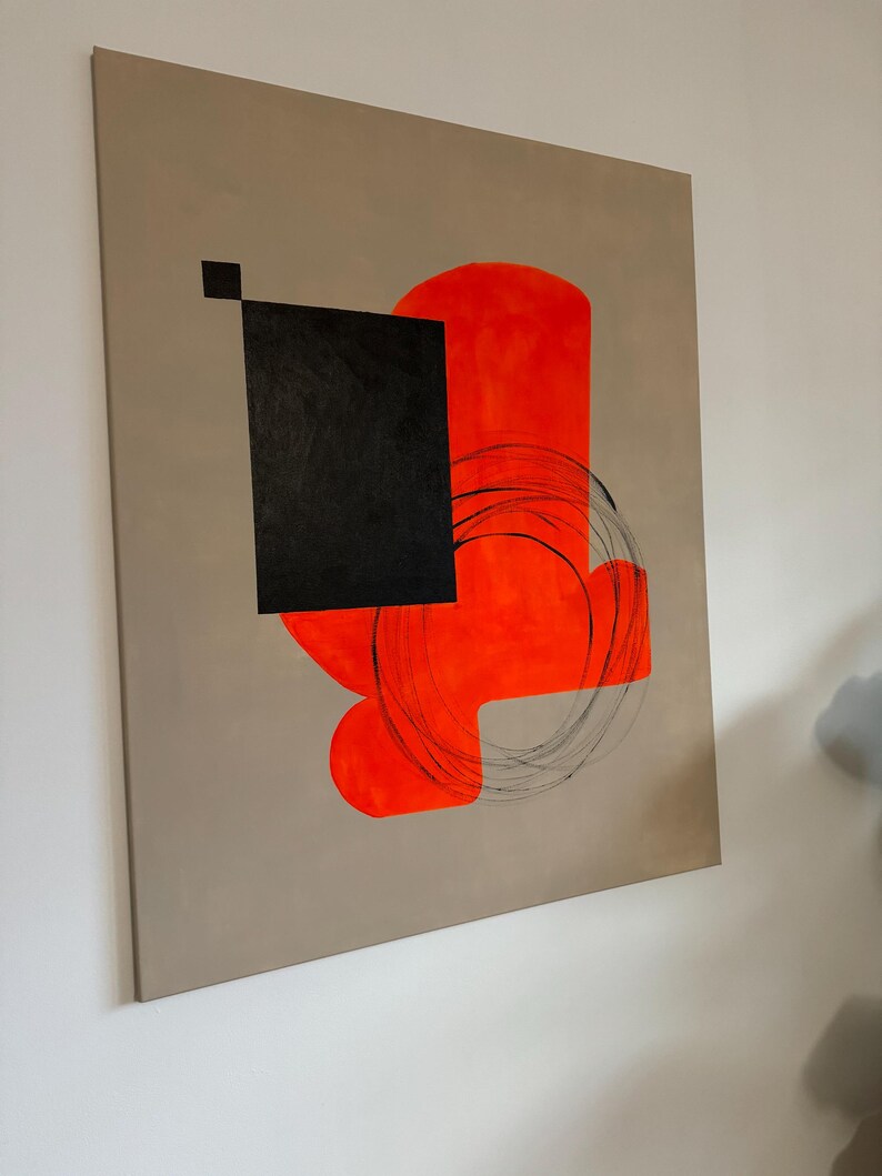 Modern Geometric Abstract Painting | Bold Red & Black on Taupe Canvas ...