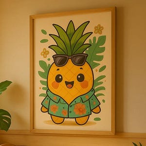 Set de 5 carteles Kawaii Frutas Tropicales Vida Terrestre | Arte digital para el dormitorio infantil | Piña, Sandía, Mango, Aguacate, Fresa A4-A3