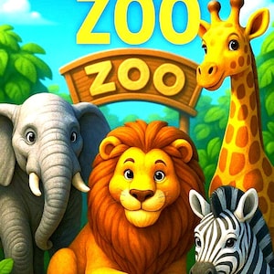 May include: A colouring book cover featuring a cartoon elephant, lion, giraffe, and zebra in front of a sign that says "Zoo". The title of the book is "coloriage zoo".