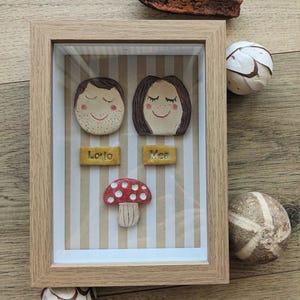 Può includere: Un'opera d'arte incorniciata con due figure in ceramica con volti dipinti, un fungo e due cartellini con il nome gialli che recitano "Lola" e "Mia". L'opera d'arte è su uno sfondo a righe.