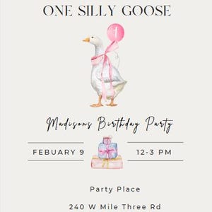 Convite de aniversário &quot;One Silly Goose&quot;, editável e disponível apenas para download digital! Convite de aniversário.
