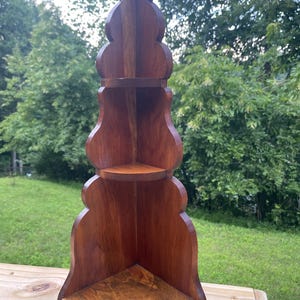Vintage 3-tiered Wood Corner Shelf with Walnut finish and Curved, Scroll Cut Silhouette