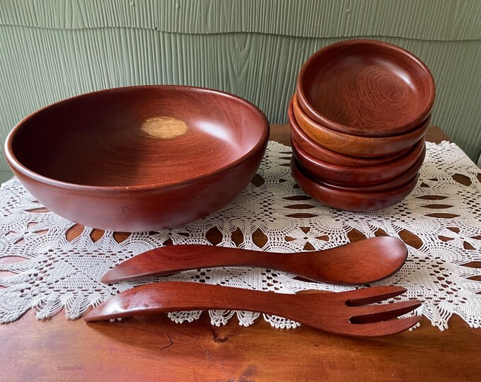 Vintage MCM Wooden Salad Bowl Set - Etsy