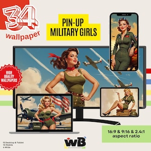 Pin Up Poster Military Girl Retro Pinup Art Wallpaper Phone Tablet Desktop Wide Monitor