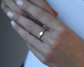 14K Gold Minimalist Hexagon Signet Ring, Dainty Gold Pinky Ring, Geometric Stacking Ring for Women