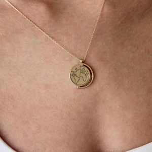 14k Solid Gold World Map Necklace, Globe Pendant Travel Gift for Her, Minimalist Earth Charm Jewelry, Spinning Globe Necklace