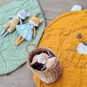 Leinen Krabbeldecke - Blatt & Löwenjunges | Kinderteppich | Haustier Matte | Fußstütze | Waschbar | Umweltfreundliches Baby-Geschenk