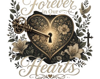 Forever in Our Hearts PNG Sublimation | Christian Memorial Design | Black Gold Memorial Shirt | In Loving Memory Digital Download