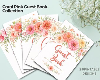 korallrosa Blumen-Memorial Gästebuch Schild-Set | 5 Printable Beerdigung Gästebuch Schilder | Feier des Lebens Tischdekoration PNG PDF
