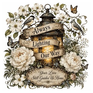 May include: A decorative illustration featuring a central dark lantern with a glowing light, wrapped in a banner that reads Always Lighting Our Way. Below is a plaque with the text Your Love Still Guides Us Home, surrounded by white flowers, green leaves, birds, and butterflies.