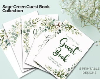 Sage Green Floral Memorial Guest Book Sign Set | 5 Printable Funeral Guestbook Signs | Celebration of Life Table Decor PNG PDF