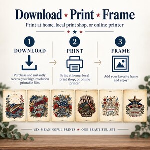 Pu&ograve; includere: Un grafico di istruzioni intitolato Download, Print, Frame con tre passaggi e icone. Sotto ci sono sei poster rettangolari con temi patriottici, bandiere americane, elmetti militari, piastrine di riconoscimento e motivi floreali con del testo.