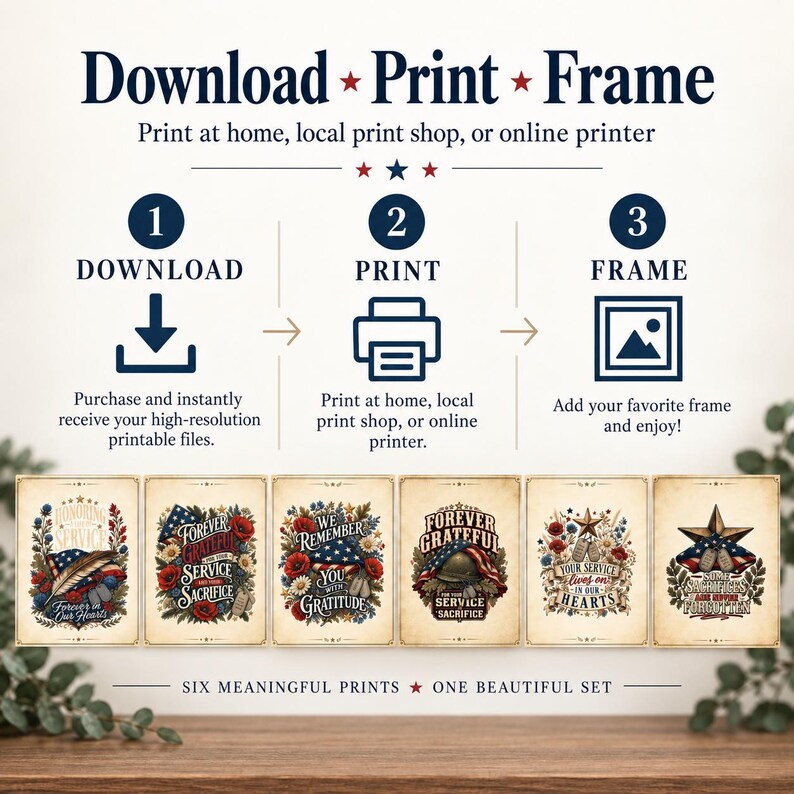 Pu&ograve; includere: Un grafico di istruzioni intitolato Download, Print, Frame con tre passaggi e icone. Sotto ci sono sei poster rettangolari con temi patriottici, bandiere americane, elmetti militari, piastrine di riconoscimento e motivi floreali con del testo.