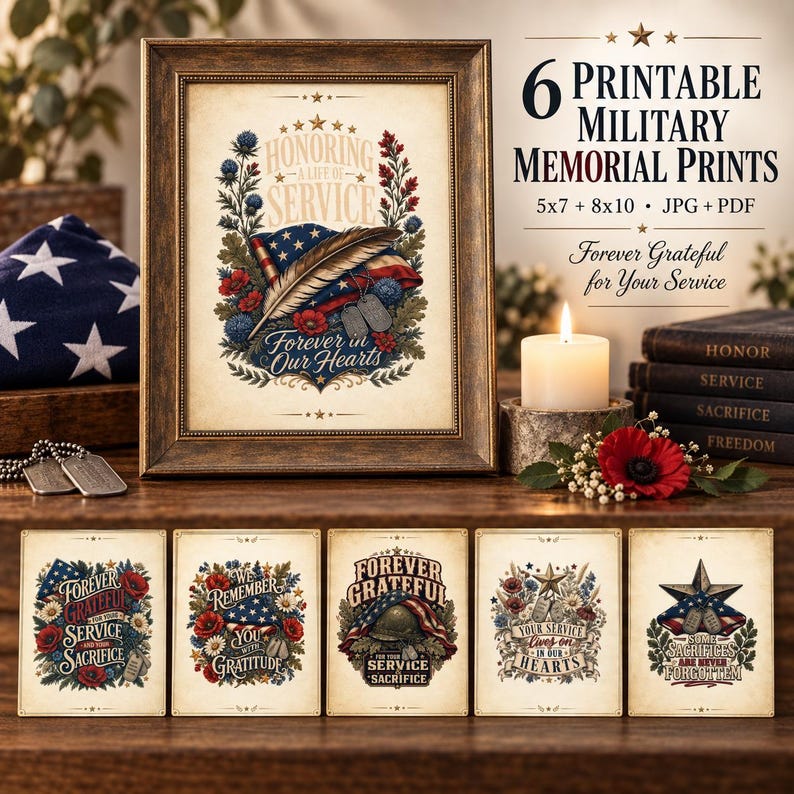 Pu&ograve; includere: Un set di sei stampe commemorative militari stampabili con temi patriottici, bandiere americane, piastrine di riconoscimento e motivi floreali. La stampa centrale incorniciata mostra il testo Honoring a Life of Service e Forever in Our Hearts, con ulteriori stampe che presentano varie frasi commemorative.