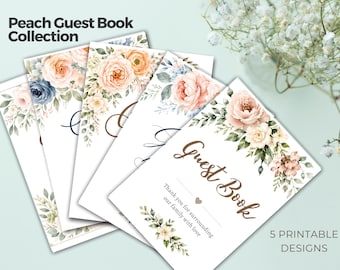 Pfirsich Blumennamen-Gästebuch-Zeichen-Set | 5 Printable Beerdigung Gästebuch Schilder | Feier des Lebens Tischdekoration PNG PDF