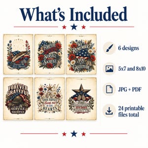 Pu&ograve; includere: Sei stampe d'arte digitali con temi patriottici, bandiere americane, papaveri, piastrine militari e stelle. Testo: 'Forever Grateful', 'We Remember', 'Some Sacrifices Are Never Forgotten'. Include 6 design nei formati 5x7 e 8x10 pollici.