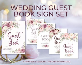 Hochzeits-Gästebuch Schild Printable | Mauve Blumen Gästebuch Schild | Hochzeit Dekor | Sofort Download