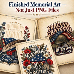 Pu&ograve; includere: Tre stampe d'arte commemorativa rettangolari con illustrazioni in stile vintage raffiguranti bandiere americane, elmetti militari, piastrine di riconoscimento e papaveri rossi. Il testo include vari messaggi di ricordo e gratitudine.