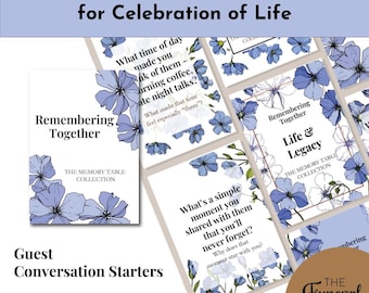 Blumenfeier des Lebens Memory Prompt Karten | Beerdigung Gesprächsstarter für Gäste | Erinnerungsgeschenk Deck + Tischschilder