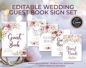 Bearbeitbares Hochzeits-Gästebuchzeichen Canva Template | Mauve Floral | Bearbeitbares Gästebuch-Tischschild | 5 Designs Sofort Download