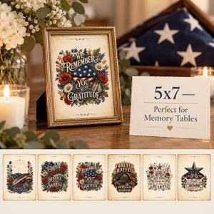 Pu&ograve; includere: Una stampa incorniciata con un'illustrazione in stile vintage con il testo WE REMEMBER YOU WITH GRATITUDE, circondata da papaveri rossi, margherite bianche, una bandiera americana piegata e piastrine di riconoscimento militari.