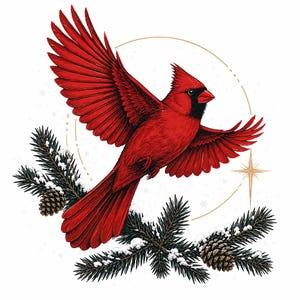 May include: A vibrant red cardinal bird in flight with wings fully extended, featuring a black mask around its beak. The bird is positioned above dark green pine branches dusted with white snow and brown pinecones, with a thin gold circle and star.