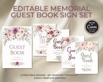 MauveMemorial Gästebuchschild-Set | Bearbeitbare Canva Vorlage | Feier des Lebens druckbares Zeichen