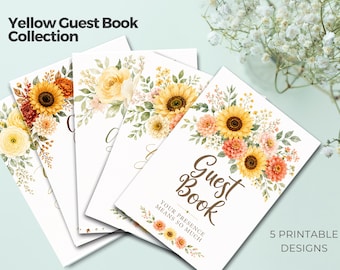 Buttergelbes Blumengedenk-Gästebuchschild-Set | 5 Printable Beerdigung Gästebuch Schilder | Feier des Lebens Tischdekoration PNG PDF
