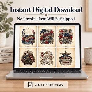 Pu&ograve; includere: Una collezione digitale di sei design grafici patriottici con bandiere americane, elmetti militari, piastrine di riconoscimento e papaveri rossi su uno sfondo color pergamena. Ogni design include testi come Forever Grateful, We Remember You e Some Sacrifices Are Never Forgotten, visualizzati sullo schermo di un portatile.