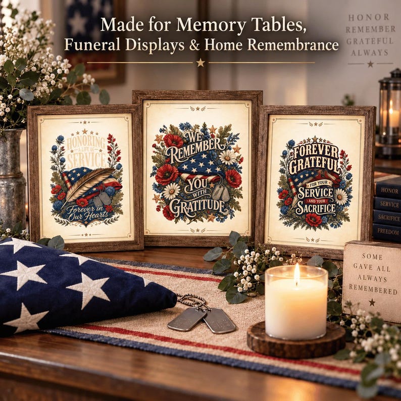 Pu&ograve; includere: Tre stampe incorniciate con cornici in legno rustico che presentano illustrazioni patriottiche di bandiere americane, fiori e piastrine militari. Il testo recita: Honoring a Life of Service, We Remember You with Gratitude e Forever Grateful for Your Service.