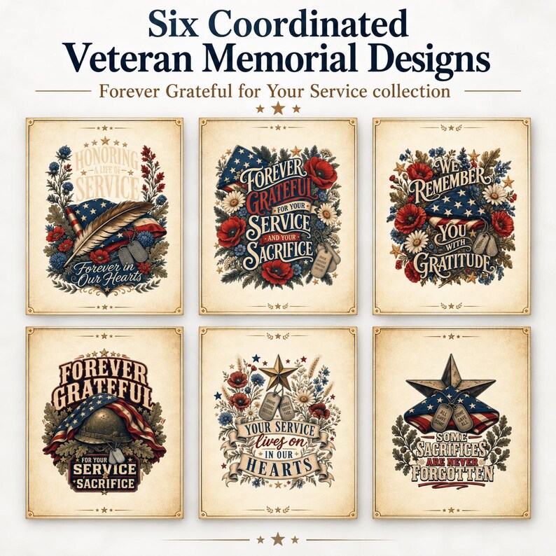 Pu&ograve; includere: Sei design commemorativi per veterani su sfondo color pergamena vintage con motivi patriottici rossi, bianchi e blu, tra cui bandiere, papaveri, piastrine di riconoscimento militari e stelle, accompagnati da vari testi celebrativi.